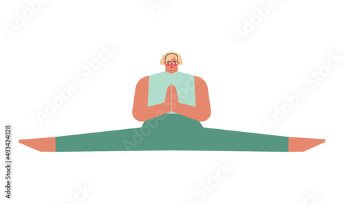 Vector isolated concept with flat female character. Strong adult blonde woman learns stretching posture and does Side Split at yoga class. Basic exercise for beginners - Samakonasana
