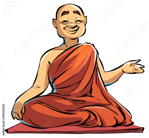 A Buddhist monk sits on the floor and talks.
