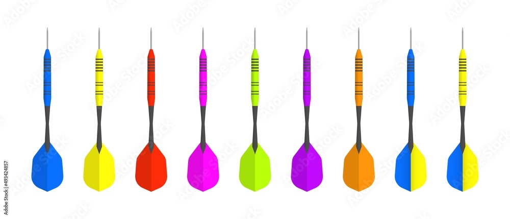Colorful darts for playing set. Blue and yellow arrows for gaming competition. Purple throwable objects for business marketing and accurate vector achievements