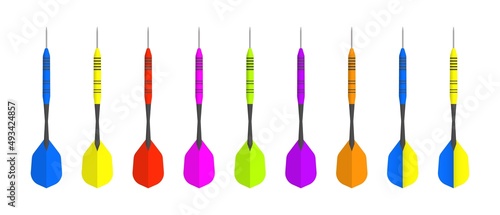 Colorful darts for playing set. Blue and yellow arrows for gaming competition. Purple throwable objects for business marketing and accurate vector achievements © IRYNA
