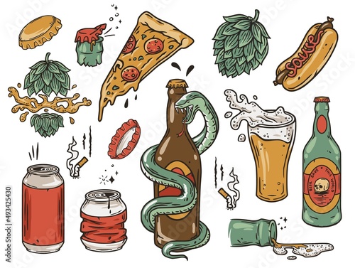 Beer set of elements for beer design. Bottle, can, hop, mug with foam and bottle cap for alcohol bar or fast food