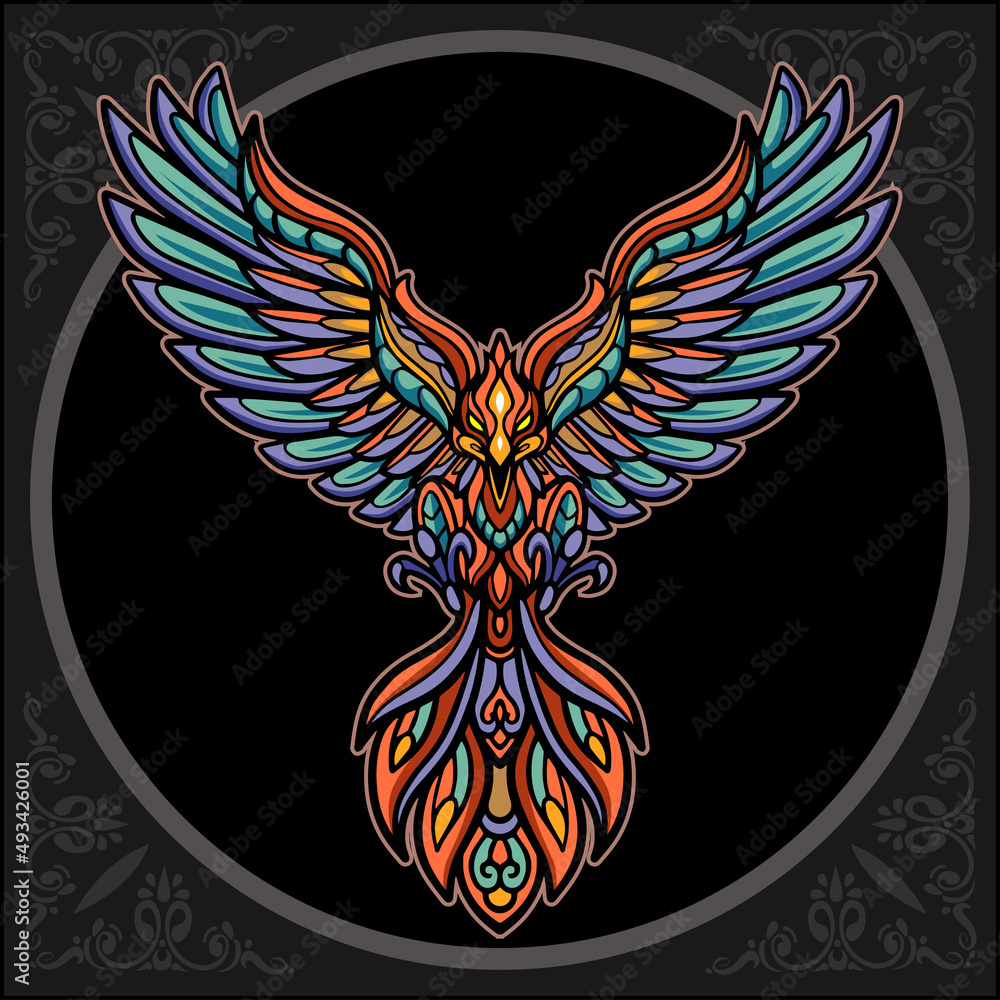 Colorful phoenix bird zentangle arts, isolated on black background