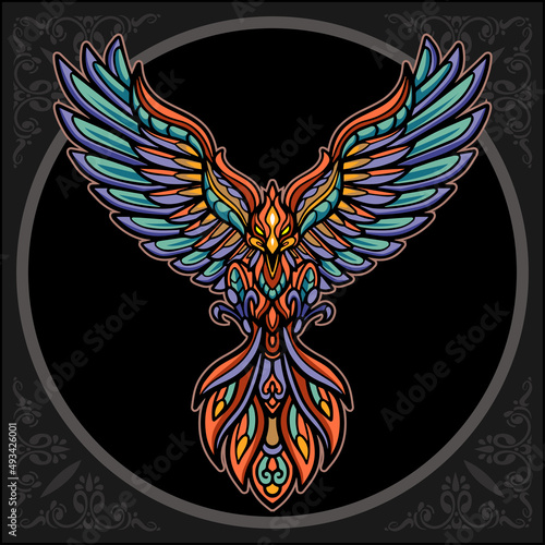 Colorful phoenix bird zentangle arts, isolated on black background