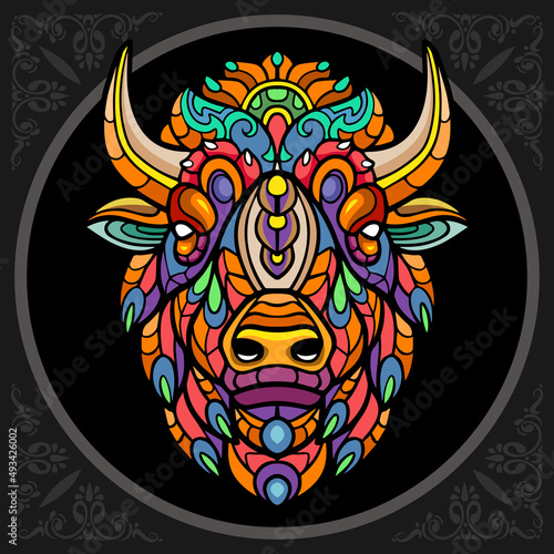 Colorful bison head zentangle arts, isolated on black background  