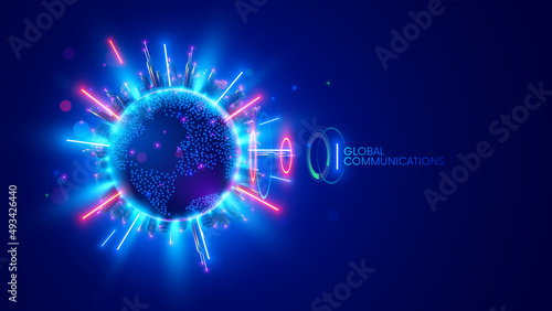 Global communication technologies. Digital tech of world globe wireless connection network. Planet earth in space internet connection. Futuristic illustration of web networking of future. IOT in city