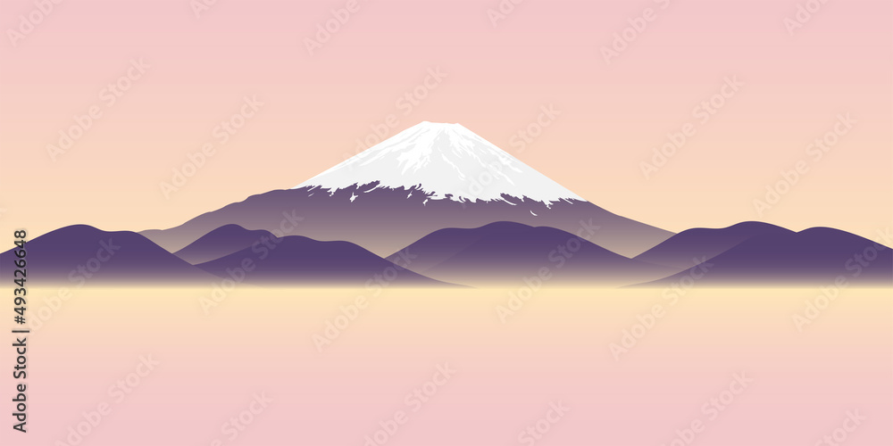 Asian country flat landscape at sunset with a mountain. Japan. Fujiyama. Silhouette