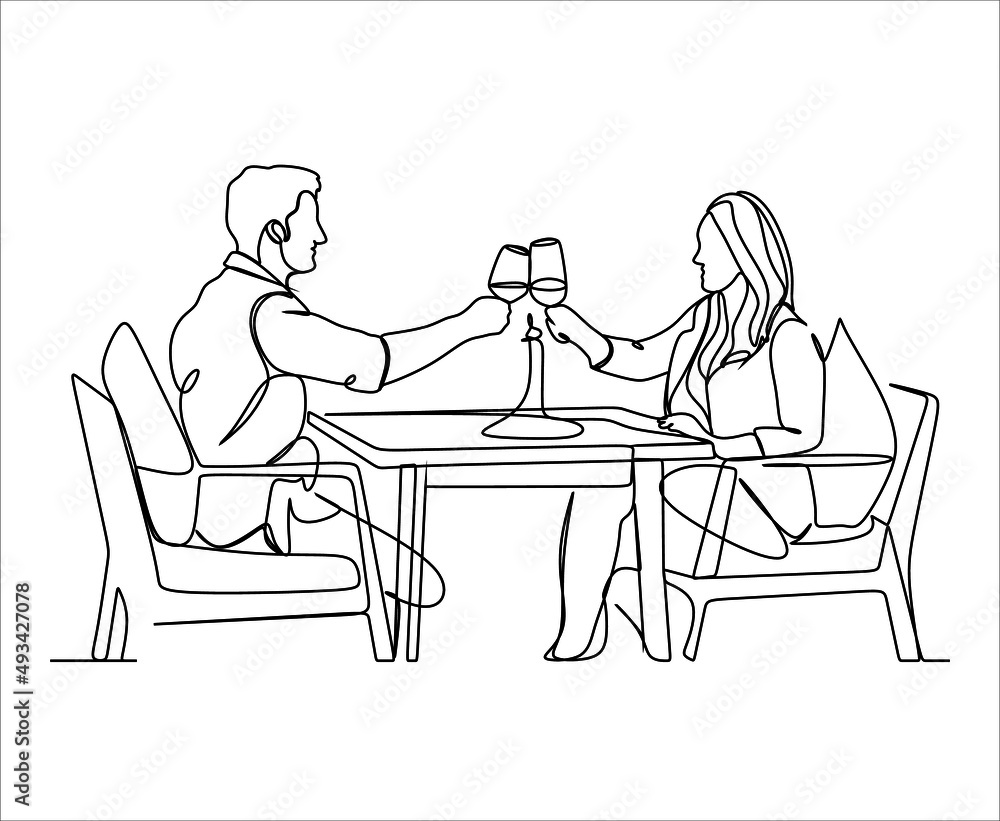 Single continuous line drawing of young happy male and female couple doing romantic date and dinner together at coffee shop. Marriage life concept. One line draw design vector graphic illustration
