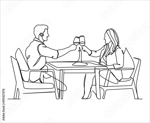 Single continuous line drawing of young happy male and female couple doing romantic date and dinner together at coffee shop. Marriage life concept. One line draw design vector graphic illustration 