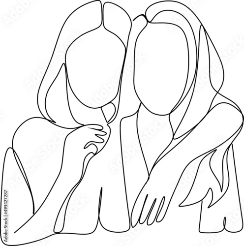 Abstract portrait of young pretty woman. Friends, sisters or couple. Continuous one line drawing isolated on white. Vector illustration in simple modern style.