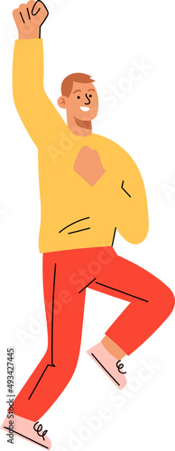 Cute boy raising hand illustration. Male character jumping posture.