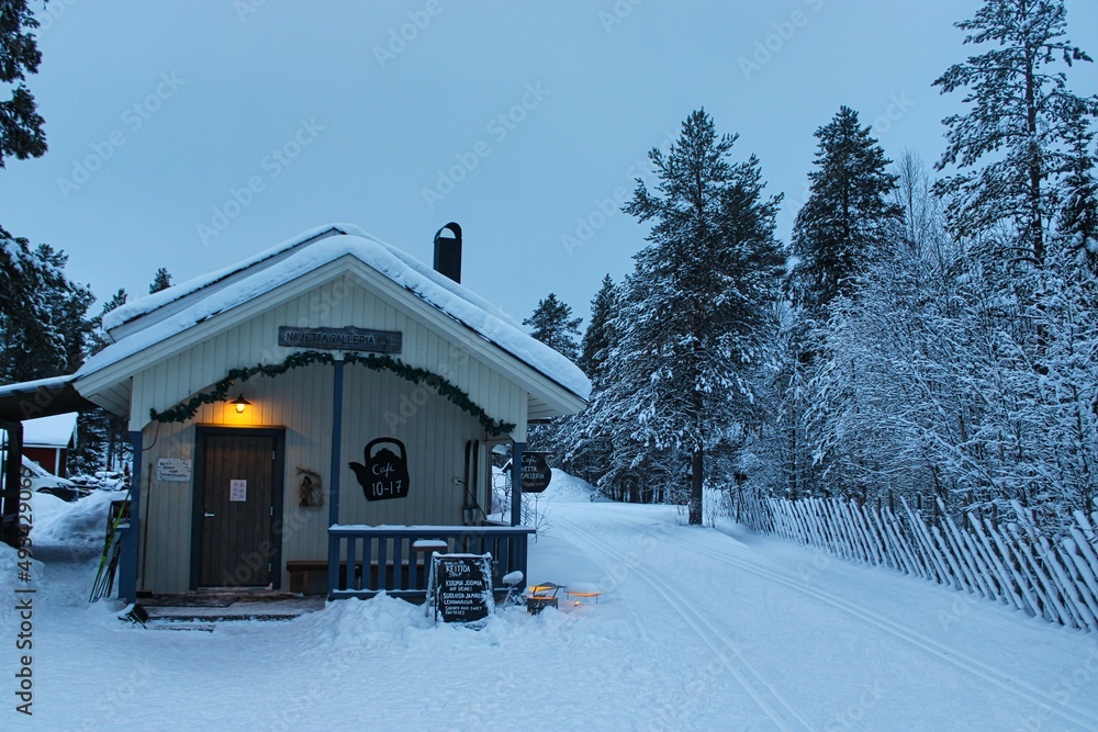 Frozen hut and restaurant in Ylläs Ski Resort in Lapland (Finland) north to the arctic circle close to the village of Äkäslompolo
