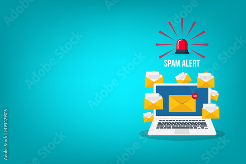 Spam. Spamming concept, a lot of emails on the screen of a smart phone. Email box hacking, spam warning. Vector illustration.	