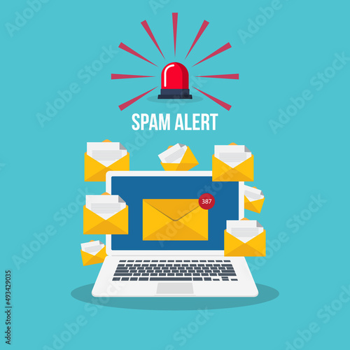 Spam. Spamming concept, a lot of emails on the screen of a smart phone. Email box hacking, spam warning. Vector illustration.	