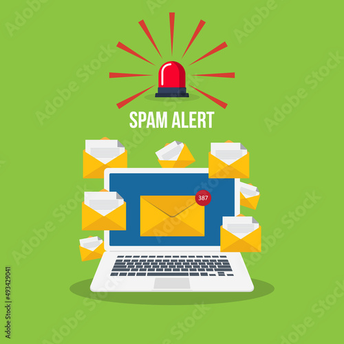 Spam. Spamming concept, a lot of emails on the screen of a smart phone. Email box hacking, spam warning. Vector illustration.	