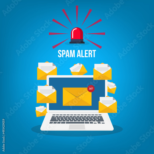 Spam. Spamming concept, a lot of emails on the screen of a smart phone. Email box hacking, spam warning. Vector illustration.	