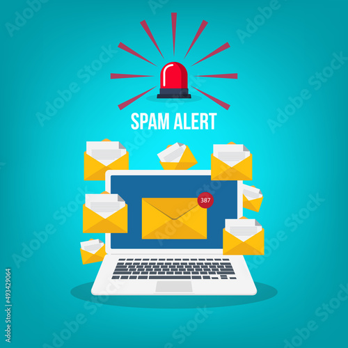 Spam. Spamming concept, a lot of emails on the screen of a smart phone. Email box hacking, spam warning. Vector illustration.	