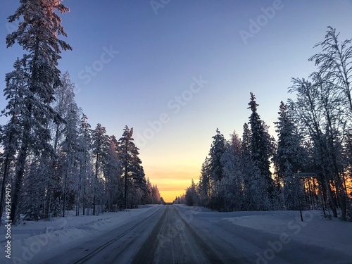A beautiful road in finish Lapland during sunrise