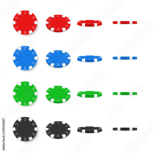 Set multicolored casino chips rounded shape different sides realistic vector illustration