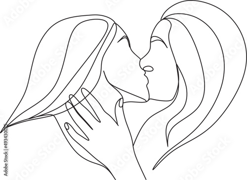 Continuous Drawing Of Two Lesbians Kissing Each Other
