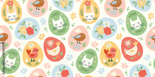 Happy Easter. Vector seamless pattern. Easter eggs with holiday symbols.