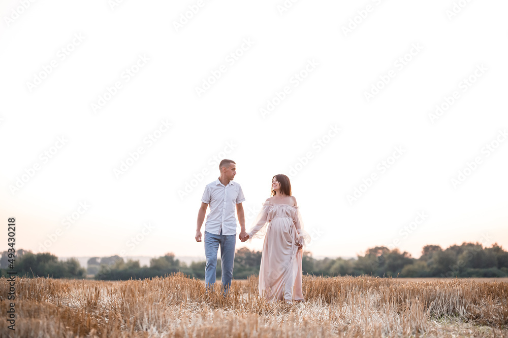 A young pregnant woman with her husband, a happy beautiful couple hugging on a golden field in the countryside. Family relationships. Future parents A young pregnant woman with her husband, a happy beautiful couple hugging on a golden field in the countryside. Family relationships. Future parents