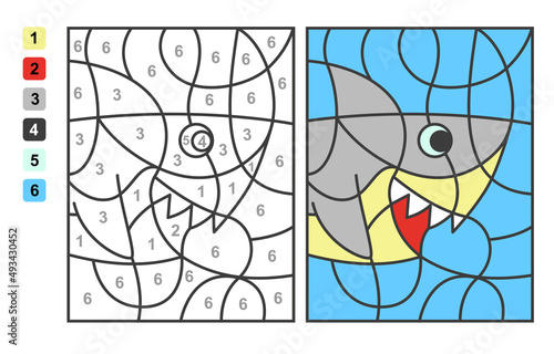 Color by numbers sea and ocean life. Puzzle game for children education, colors for drawing and learning mathematics
