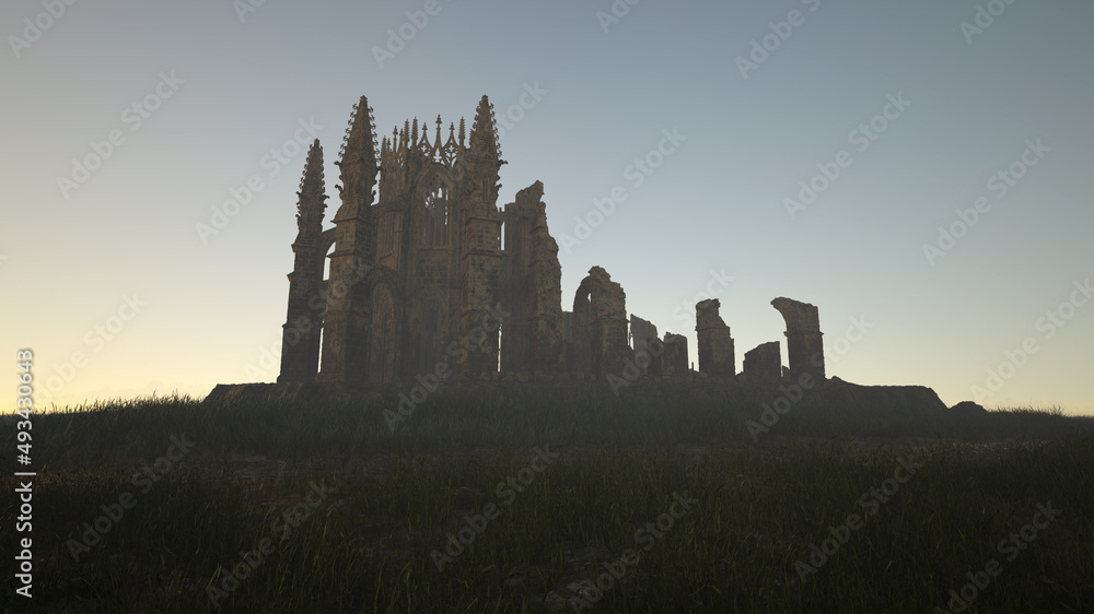 Obraz premium Ruined cathedral on a hill in countryside at sunrise. 3D render.