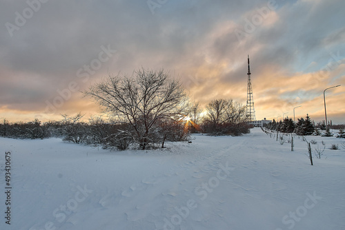 TV station, winter snowfall in early morning, Volgograd, russia, winter landscapes, 