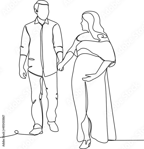 Continuous line drawing of a man with a pregnant woman. Greeting card concept. vector illustration