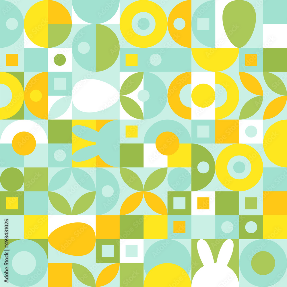 Mosaic with geometric shapes in the style of a Scandinavian pattern, colorful trend background with eggs for a postcard for Easter. Minimalistic cover template with circles and squares texture. Mosaic with geometric shapes in the style of a Scandinavian pattern, colorful trend background with eggs for a postcard for Easter. Minimalistic cover template with circles and squares texture.