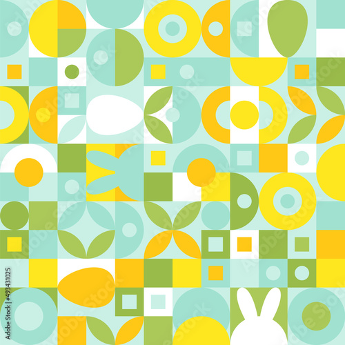 Mosaic with geometric shapes in the style of a Scandinavian pattern, colorful trend background with eggs for a postcard for Easter. Minimalistic cover template with circles and squares texture.