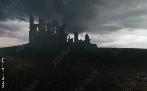 Ruin of an ancient church in countryside under a dark cloudy sky. 3D render.