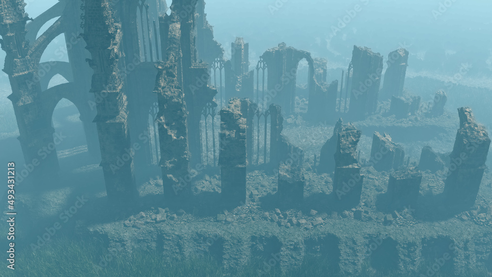 An ancient dilapidated church in the mist. High angle view. 3D render. An ancient dilapidated church in the mist. High angle view. 3D render.
