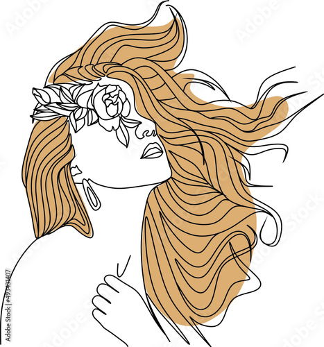 Abstract face with flowers by one line vector drawing. Portrait minimalistic style. Botanical print. Nature symbol of cosmetics. Modern continuous line art. Fashion print. Beaty salon logo.