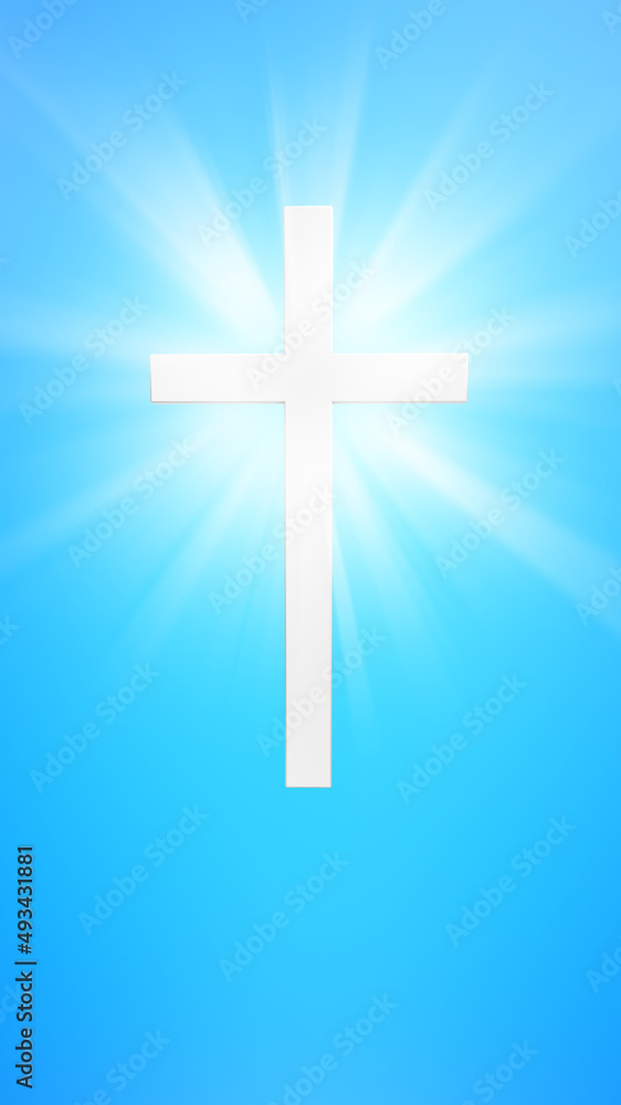 Glowing cross on a blue background, vertical orientation. 3d render illustration