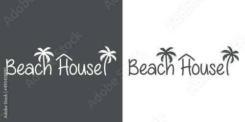 Banner con texto Beach House con letra con forma de silueta de palmera y tejado de casa en fondo gris y fondo blanco	