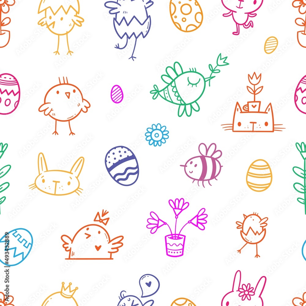 Easter seamless colorful pattern with cute cartoon chicks on white background. Painted eggs print. Holiday doodle wallpaper.