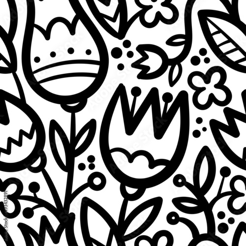 Seamless pattern with different plants and  flowers on  white background. Vector print with herbs. Botanical doodle wallpaper.