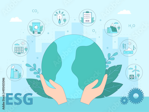 ESG environmental business concept. Planet Earth with icons arranged around it. Renewable energy. Modern flat vector illustration. 