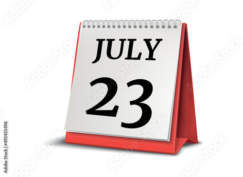 July 23. Calendar on white background. 3D illustration.