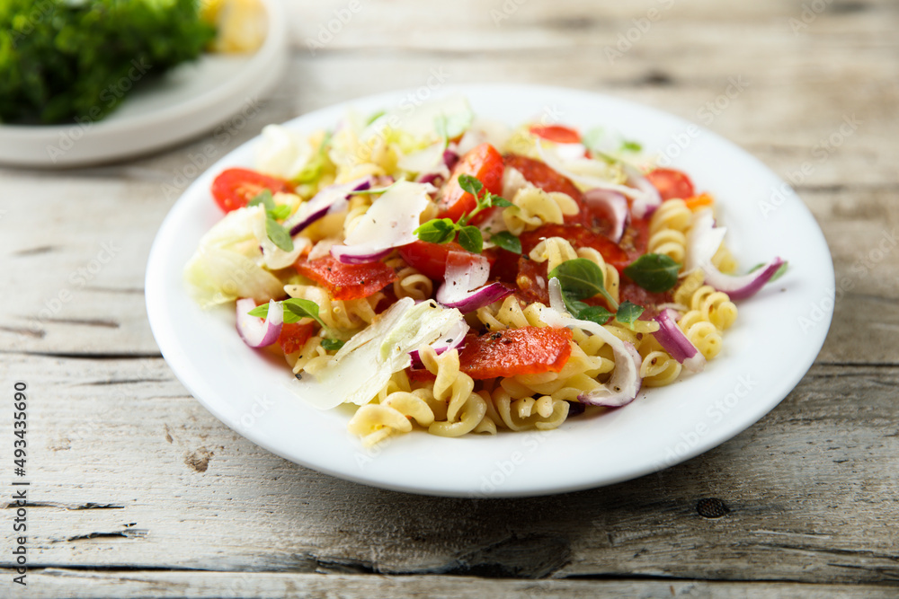 Pasta salad with mozzarella, red onion and tomato Pasta salad with mozzarella, red onion and tomato