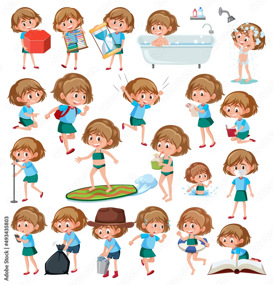 Set of girls doing activitys on white background Set of girls doing activitys on white background