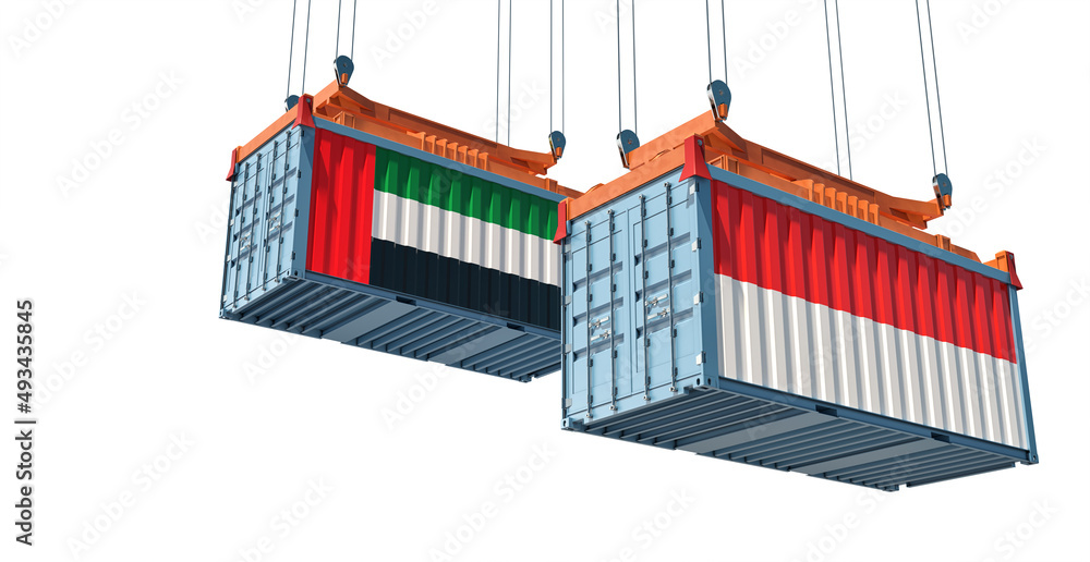 Cargo containers with United Arab Emirates and Indonesia national flags. 3D Rendering Cargo containers with United Arab Emirates and Indonesia national flags. 3D Rendering