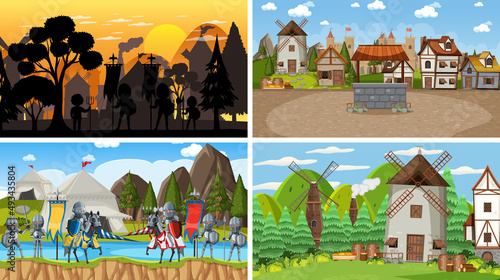 Set of different scene medieval with silhouette