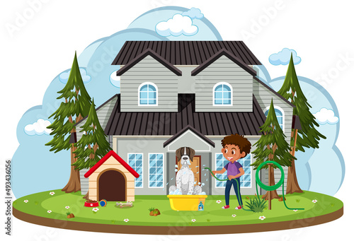 Happy boy washing his dog in front of house cartoon