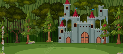 Landscape scene with medieval town in forest