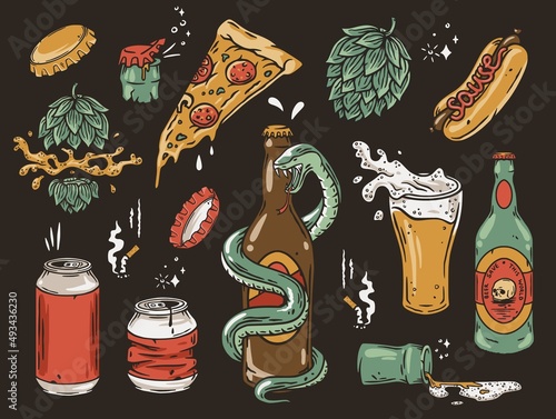 Beer set of elements for beer design. Bottle, can, hop, mug with foam and bottle cap for alcohol bar or fast food