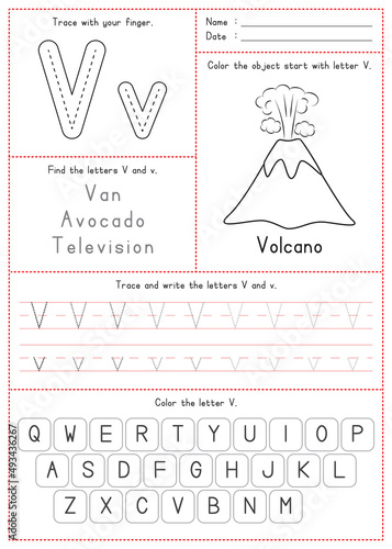 Children Learning Printable - Tracing, Coloring, and Writing Alphabet V