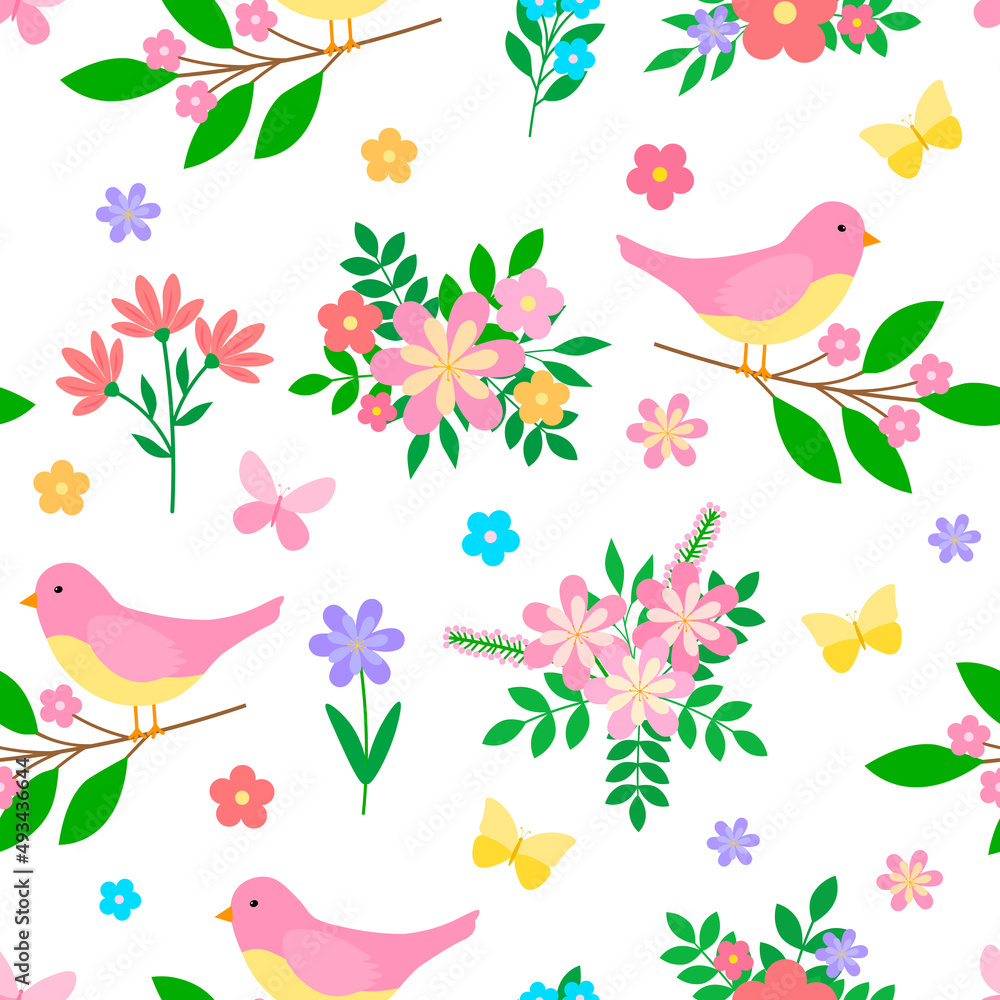 Seamless pattern Spring flowers tulips pink birds vector illustration	
