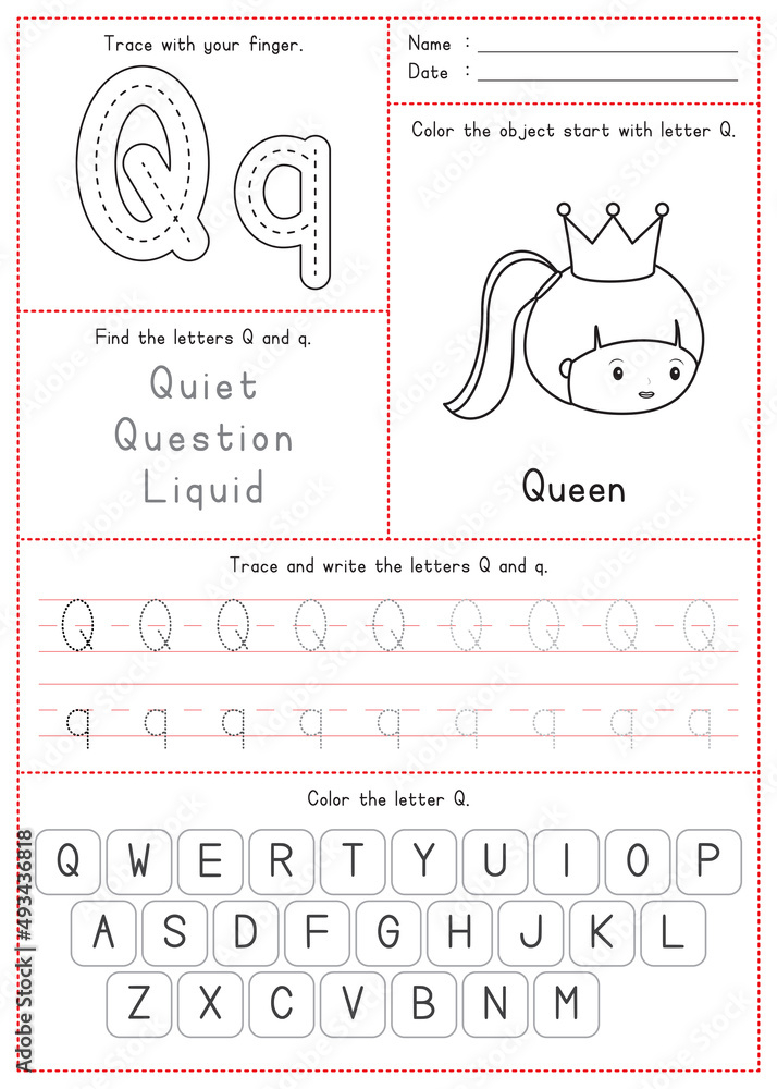 Children Learning Printable - Tracing, Coloring, and Writing Alphabet Q